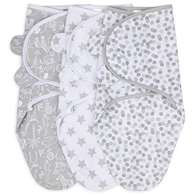 The Peanutshell Baby Swaddle Blankets for Boys or Girls, Grey Safari Animals & Stars, 3 Pack Wrap Set (Medium/Large)