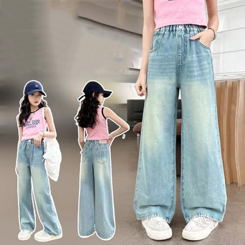Girls Embroidered Wide Leg Jeans Elastic Waist Loose Casual Denim Pants with Pockets Comfortable Stylish Trendy3