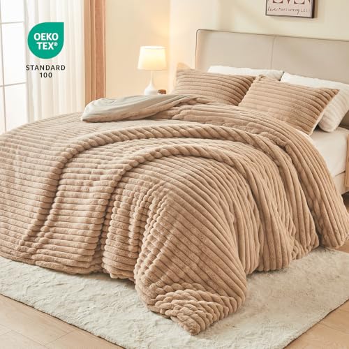 Image of EMME Faux Fur Duvet Cover Queen Size, 3 Pieces Ultra Soft Fluffy Comforter Cover, Cozy Warm for Winter, Luxury Elegant Shaggy Striped Design Bedding, 1 Duvet Cover & 2 Pillow Shams (Queen, Taupe)