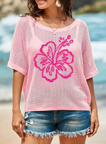 Image of Dokotoo Womens Floral Fashion Summer Tops 2026 Short Sleeve Crochet Sweaters Swimsuit Cover Ups Lightweight Knit Pullover