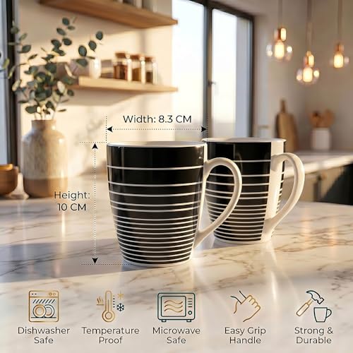 Image of UPC Midnight Stripe Bone China Mug Set of 2 | Black Line Pattern Ceramic Coffee & Tea Cups | Modern Milk Mugs for Home & Office