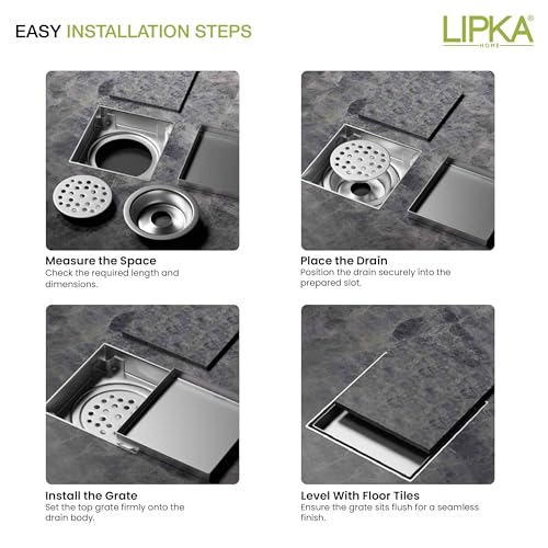 Image of Lipka Tile Insert Floor Drain | 5 x 5 Inches | Premium Grade Stainless Steel Invisible Shower Drain Channel | Waste Water Floor Drain for 13mm Tile with Cockroach Trap | Square Tile Insert Floor Drain
