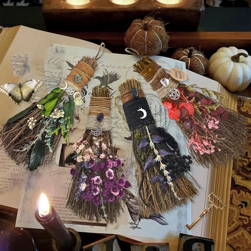 19cm Zimtbesen, Mini Mottoparty Dekobesen mit Trockenblüten, Hexenbesen, Altarbesen Wicca Natürlicher Magischer Kristall hexen Zubehör für Magische Zeremonien, Handgemachte Heimdekoration, Schwarz