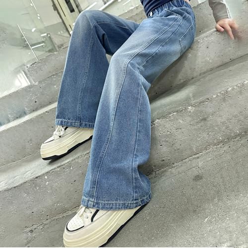 Girls Jeans Elastic Wide Leg Button Baggy Denim Pants High Waist Trousers Trendy Preppy Y2k Streetwear with Pockets4