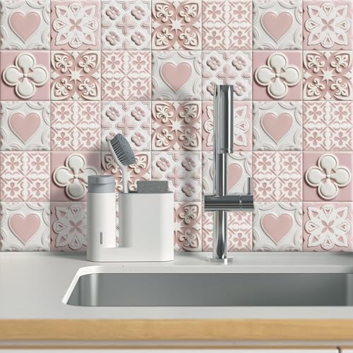 Protector Salpicaduras Cocina 15x15cm Corazón Rosa Blanca Azulejos Adhesivos y Baldosas Adhesivas Pared,Material PVC Impermeable para Decoración, Baño y Espacios Interiores