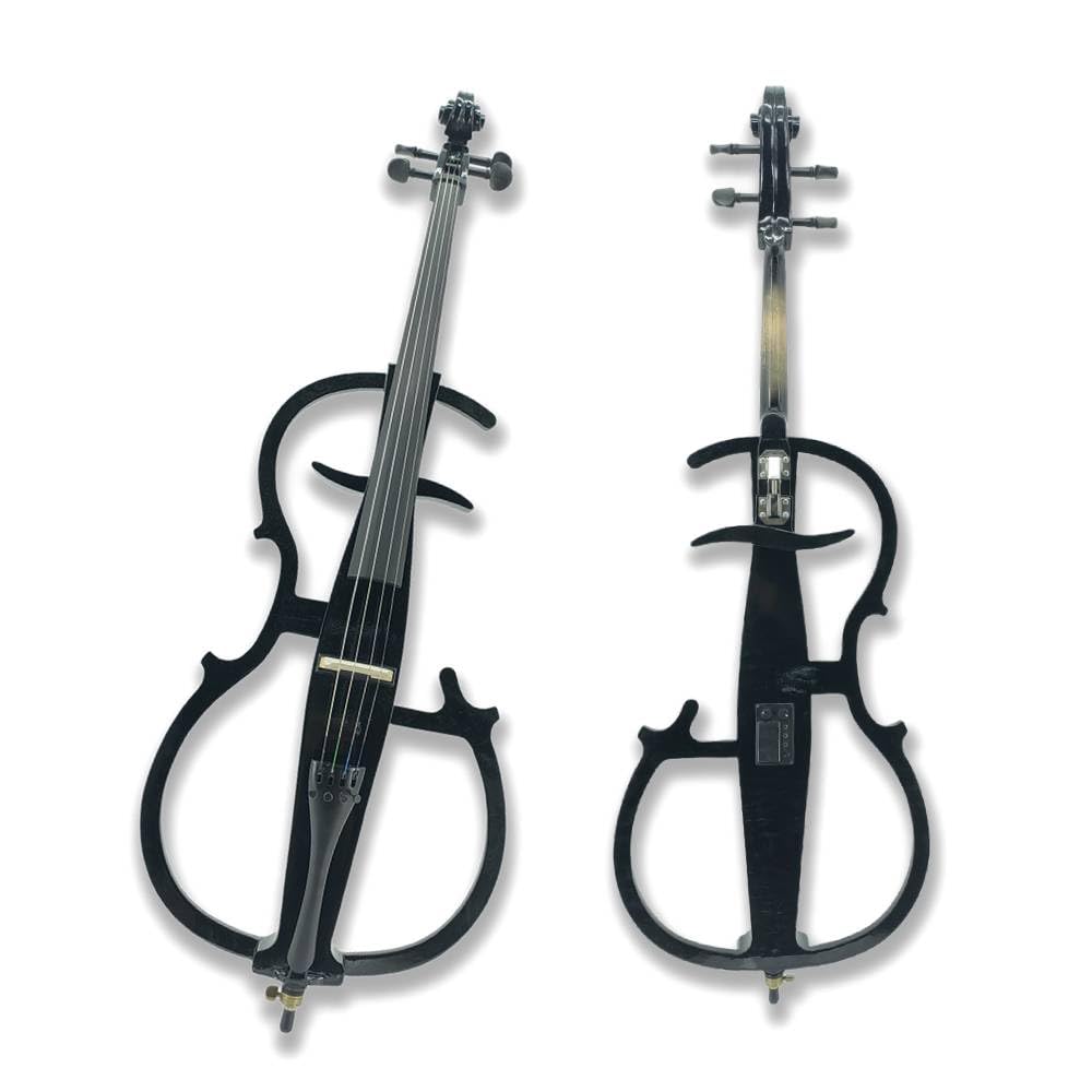 WUQIMUSC Electric Cello 4/4 full size, Solid Wood, Ebony Fittings, Silent Student Cello Electric for Beginners and Professionals, with Cello Bag, Bow, Earphone, Rosin, Aux Cable (Black, 4 String)