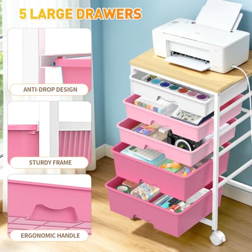 Image of SUNALLY Rolling Carts with 5 Drawers, Storage Drawer Carts for Craft, Pink
