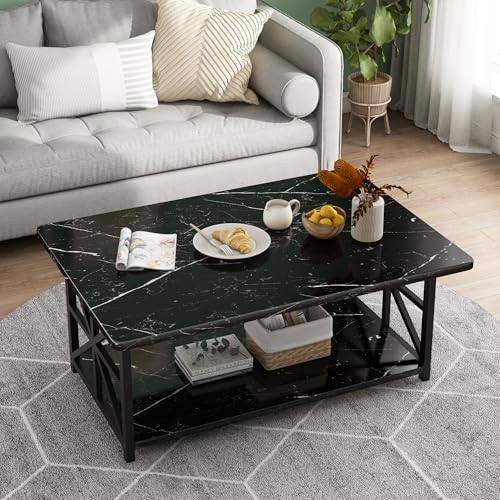 Image of AWQM Faux Marble Coffee Table for Living Room,Modern 2-Tier Coffee Table with Storage,Rectangular Center Table for Sofa,Sturdy Frame,Black