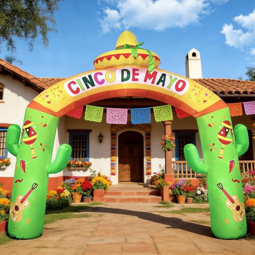 DomKom 10FT Long Cinco De Mayo Inflatable Archway Mexican Fiesta Cactus Arch with Sombrero Maracas Guitar Chili and Built-in LEDs Light Blow up for Garden Lawn Yard Party Decoration