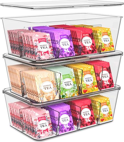 Utopia Home Tea Bag Organizer with Lids, Stackable Tea Box, 3 Pack, Clear
