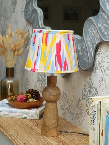 Image of Green Girgit Wooden Skirt Brown Table Lamp with Pleeted Multicolor Yellow Shade, Bedside Night Lamp with Printed Shade, Modern LED Lighting, E27 Bulb Compatible, Corded Electric, 6.5X9X18 inches
