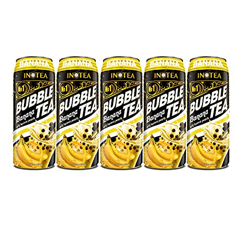 (Pack of 5) INOTEA Bubble Tea 5 Cans from ATIUS. Milk Tea with Boba Pearls in a Can (16.6oz/can). Choose One from Variety of Flavors: Brown Sugar, Taro, Honeydew, Banana, Matcha. Straws Included. (Banana) - Banana