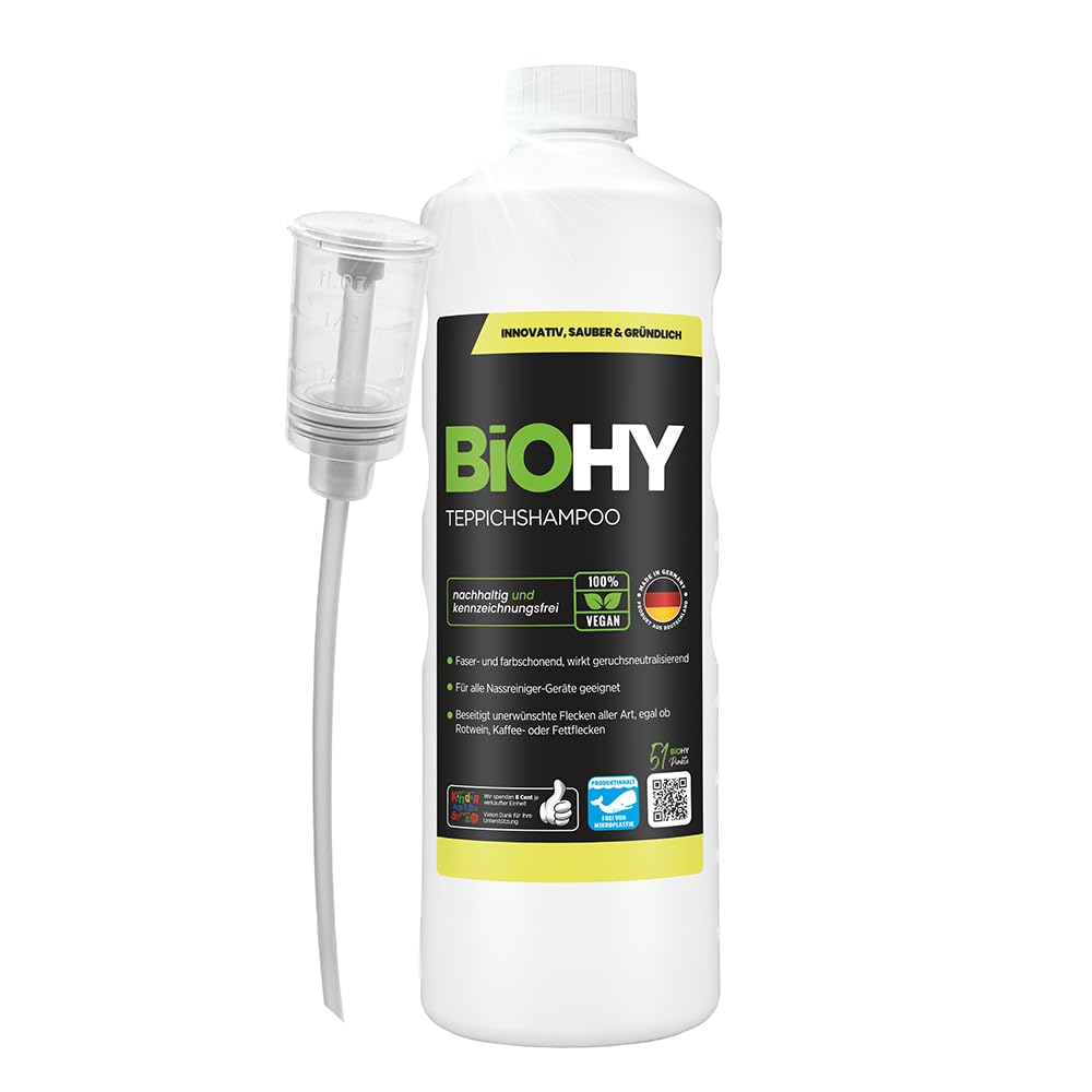 BiOHY Shampoing pour Tapis (Bouteille de 1l) + Distributeur | Concentré de nettoyant pour tapis | idéal pour enlever les taches tenaces | bien toléré par les animaux (Teppichshampoo)