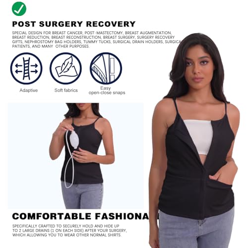 Post Mastectomy Shirts with Drain Pockets Breast Surgery Mastectomy Camisole Top with Hook and Loop Closure3