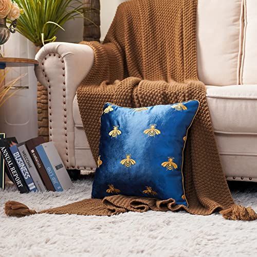 Artmagic Ultra Soft Velvet Decorative Throw Pillow Cover Gold Bee Embroidery European Style Luxury Cushion Case For Couch Sofa, Navy Blue, 18X18 Inch #TOP1