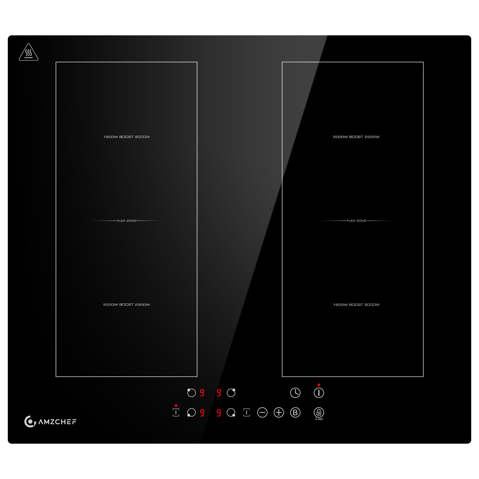 AMZCHEF Piano cottura a induzione 60 cm con due zone flessibili, piastra a induzione a 4 zone con funzione boost e 9 livelli di potenza, funzionamento touch, timer, blocco di sicurezza, 7200W