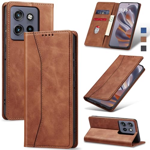 Image of Jasonyu Case for Motorola Edge 50 Neo Leather Wallet Flip Cover with Card Holder,Kickstand, Magnetic Closure,TPU Shockproof Phone Case (Brown)