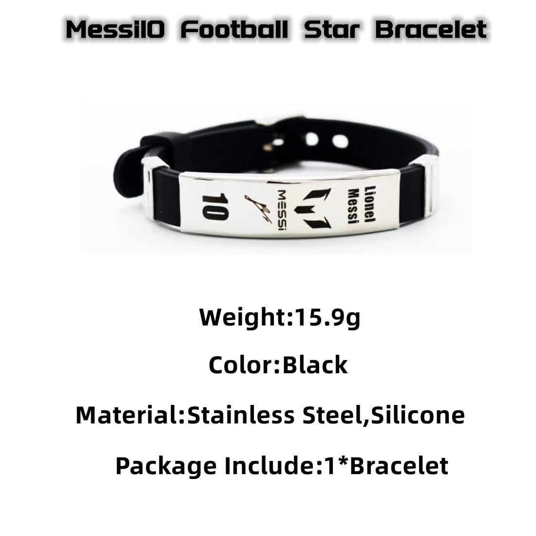 Messi10 - Pulsera de estrella de fútbol personalizada en silicona y acero inoxidable, pulsera conmemorativa deportiva, regalo para fanáticos del fútbol