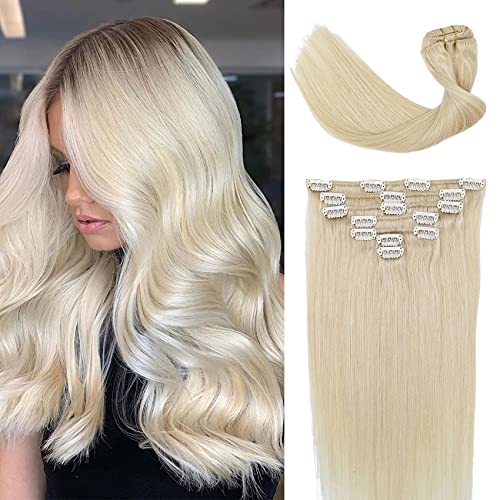 Human Hair extensions Clip in Platinum Blonde hair Real Remy Hair extensions Clip in for Fashion Women 70g Thicken Full Head Natural Ponytail Soft Silky Straight 7pcs 22 Inch
