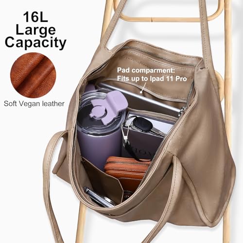 Image of Large Tote Bag for Women Work with Zipper 16L Vegan Leather Ladies Travel Purses and Handbags