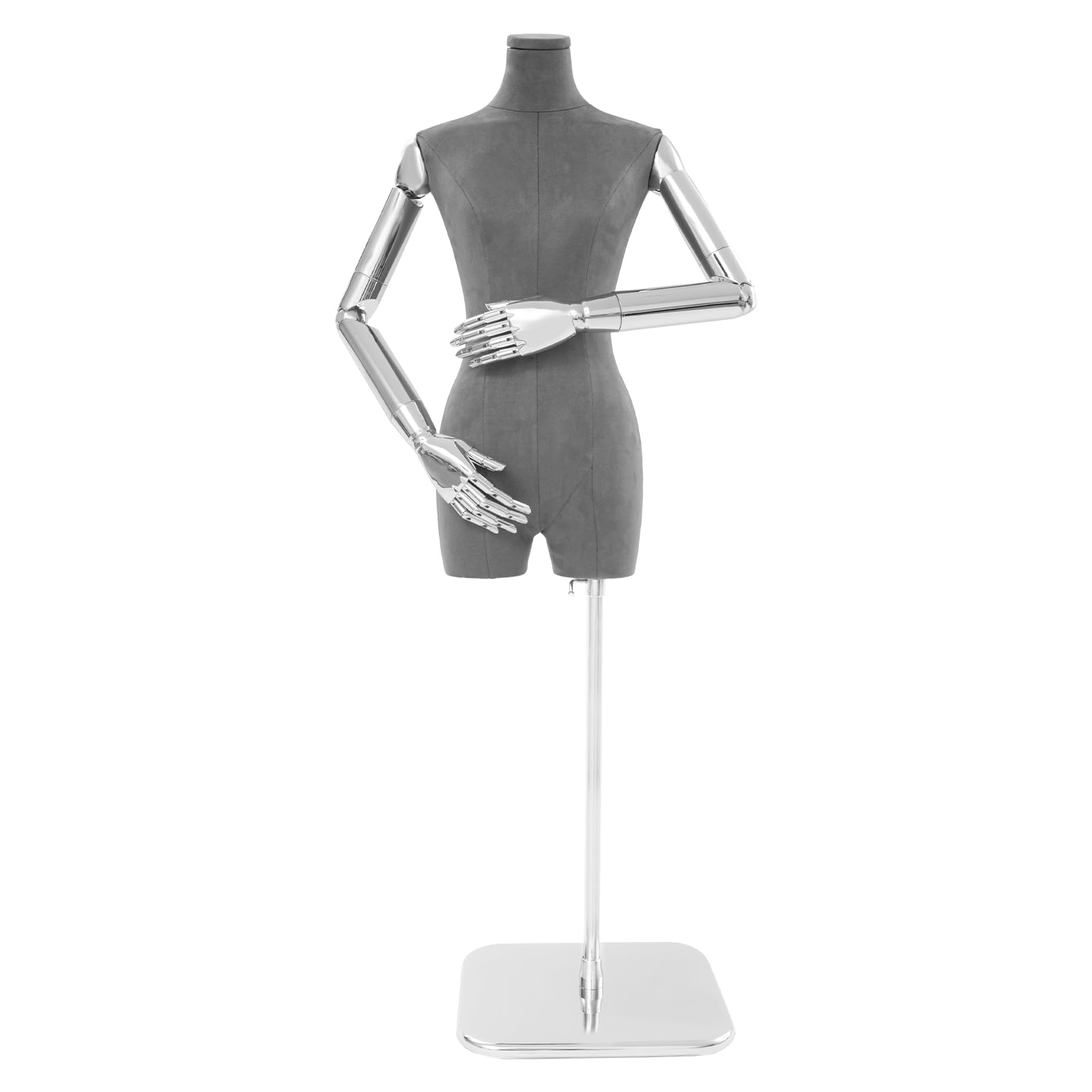 Mannequin de couture - Mannequin de vitrine femme - Avec hauteur réglable de 120 à 210 cm - Torse amovible - Avec tissu en daim - Pour exposer des vêtements - Argenté + gris