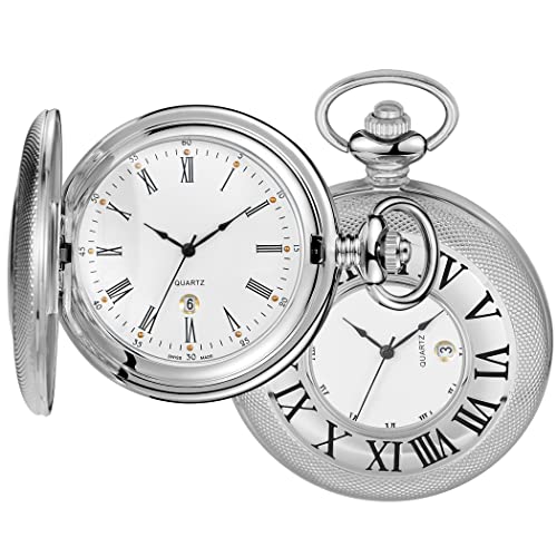 Image of Hollow Roman Digital Pocket Watch Cover for Men, Calendar Roman Dial Men's Pocket Watch with Chain