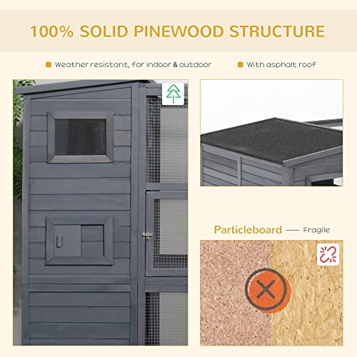PawHut Large Pine Wooden Outdoor Cat House Enclosure Catio with Large Run, Kitten Cage with Weatherproof Roof - 77" L, Grey - Image 6