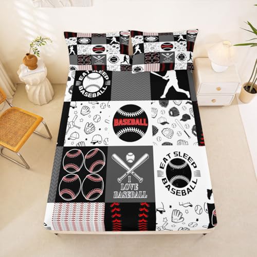 Image of Castle Fairy Patchwork Baseball Fitted Sheet King Size 4 Pcs,Sports Geometric Grid Red Grey Teens Sheets,Baseball Bedding Sets (1 Fitted,1 Flat,2 Pillowcases)