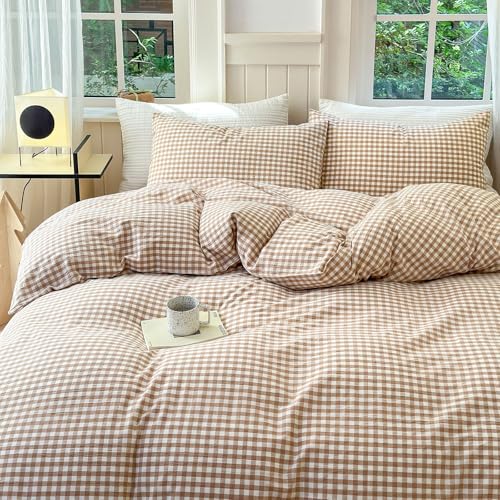 Image of LifeTB Queen Comforter Set Tan Gingham Comforter Modern Style Beige Plaid Comforter Set 3 Pieces Fluffy Grid Checkered Comforter with 2 Pillowcases Boho Gingham Bedding Set Queen Size
