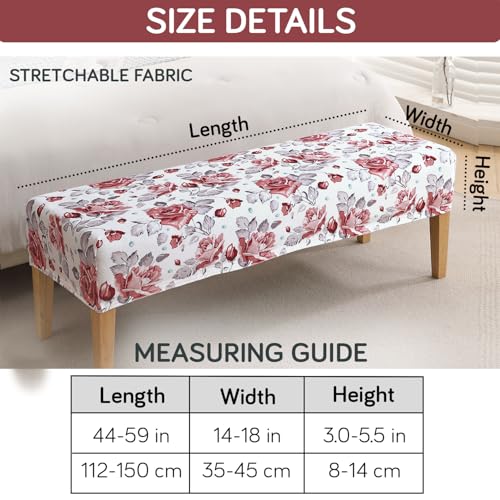 Image of HOKIPO Premium Printed Velvet Stretchable Dining Bench Slipcover, Red Cottage Rose (AR-5798-D6)