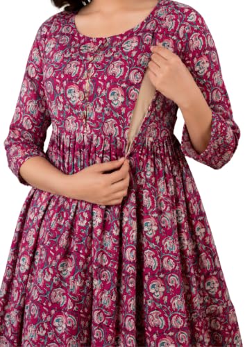 Image of Amazon Brand - Tavasya Women Botanical Floral Printed Maternity Midi Dress | Round Neck | 3 /4 Ruffle Sleeves | Concealed Feeding Zip | Gathered Tiered Nursing Dress