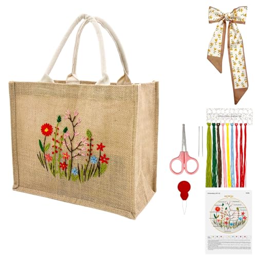 Kit broderie tote bag lin SNAIL GARDEN complet avec fils et foulard imprimé