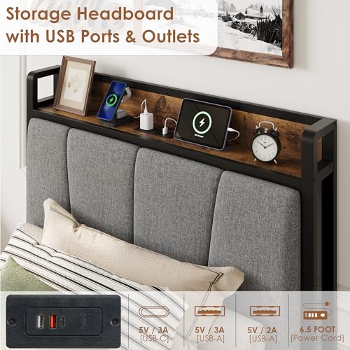 Image of GAOMON Twin Size Bed Frame with 2 Storage Drawers and Charging Station, Rustic Linen Upholstered Platform Bedframe with Storage Headboard, Heavy Duty, No Box Spring Needed, Easy Assembly, Noise Free