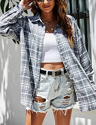Image of HangNiFang Womens Flannel Plaid Shirts Oversized Button Shirts Blouse Tops