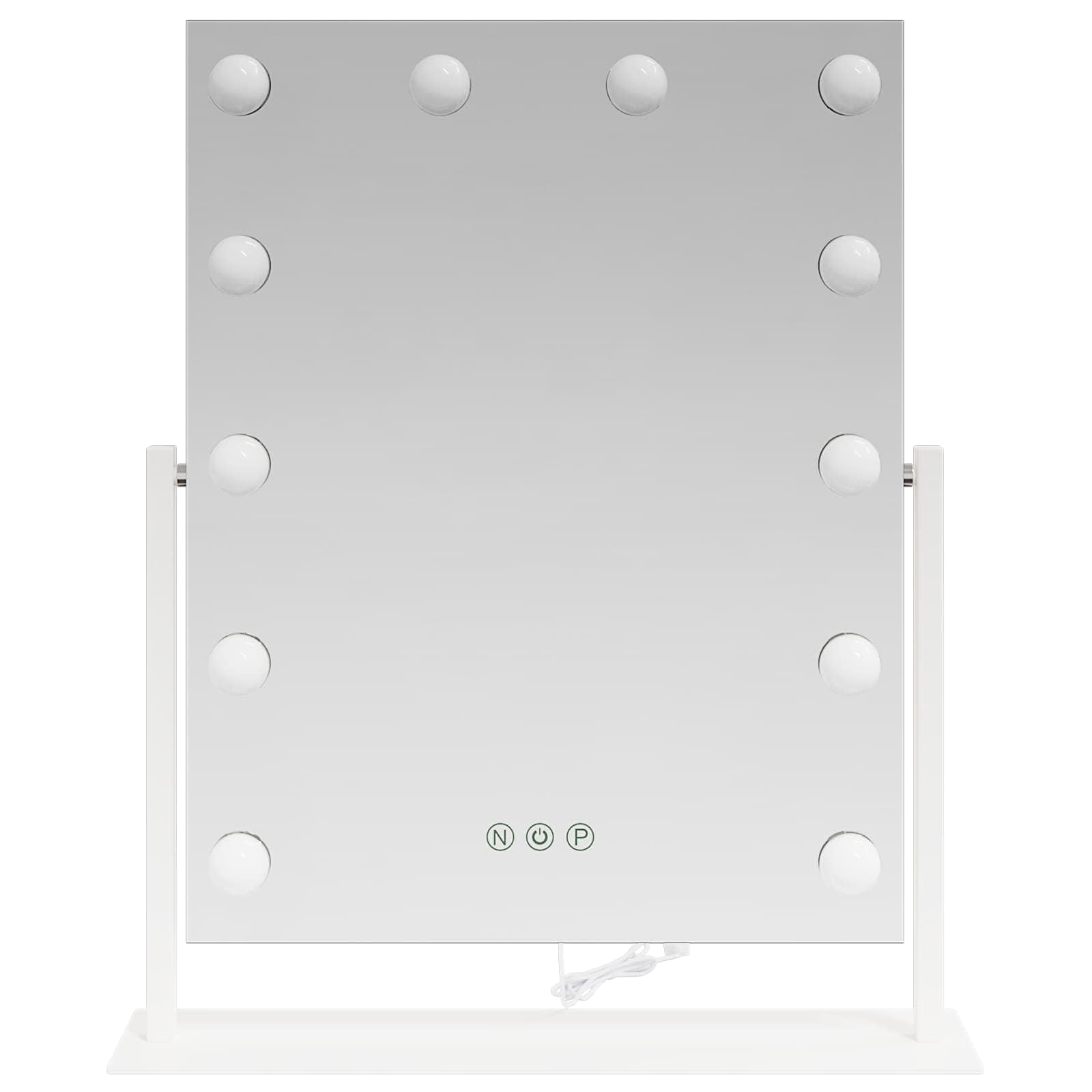 Lusterko do makijażu LED, białe, 44 x 10 x 53 cm, szkło stalowe, z funkcją ściemniania, sterowanie dotykowe, montaż na ścianie lub stole, USB, ochrona przed zaparowaniem, powiększające
