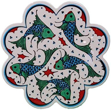 Akvaryum Turkish Hand Art Ceramic Trivet By EuroHand - 7.25 Inch Diameter - Anatolian Decorative Organic Paint Iznik Trivet with Foam Backing