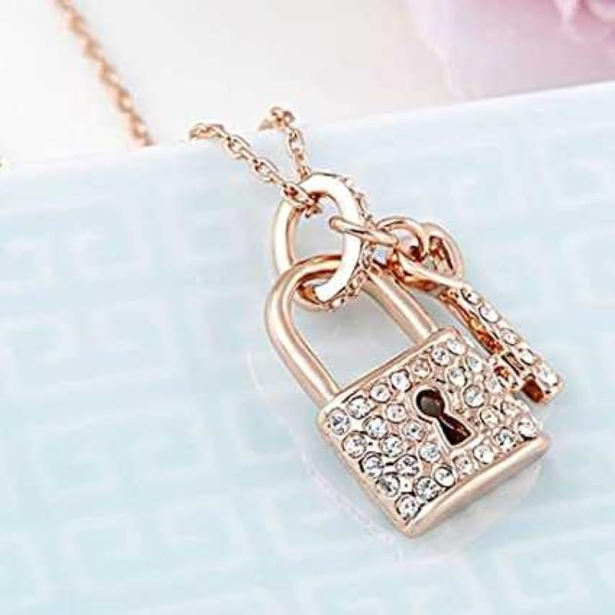 Lock and Key Pendant Crystal Necklace, Couples Gift