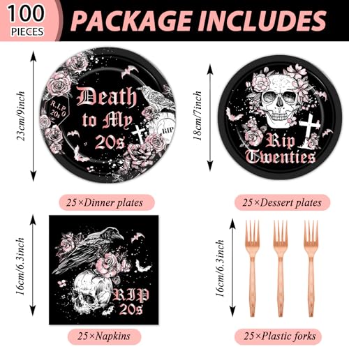 Image of Qyeahkj 100 Pcs 30th Birthday Party Supplies Death to My 20s Paper Plates and Napkins Set Disposable Black Rose Gold Rip to My 20s Tableware Decorations for Women Funeral Youth Party Serve 25 Guests