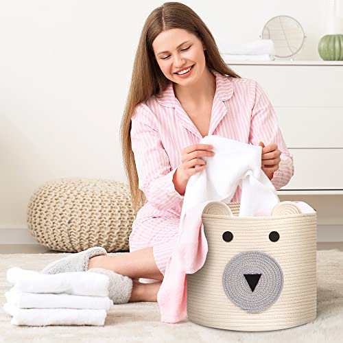 Cotton Rope Storage Basket, Cute Bear Basket With Handles, Nursery Storage, Baby Nursery Basket For Toys, Clothes, Towels, Animal Baskets As Gift For Kids, White, 12”(D) X 11”(H) #TOP5