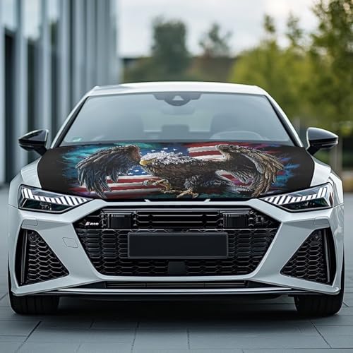 Image of Cool Eagle Car Hood Cover for Cars American Flag Auto Exterior Accessories Stretchable Dustproof Auto Engine Cover Easy to Install All-Season Protection