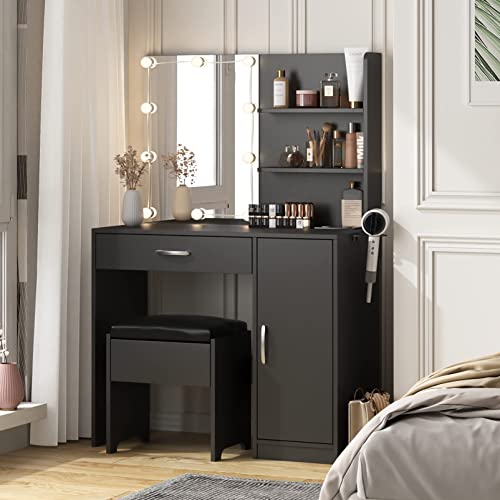 Image of Makeup Vanity Desk with Lighted Mirror & Power Strip,Makeup Vanity Table with Lights and Lots Storage,3 Lighting Modes,35in Large Drawers Vanity Table,Black