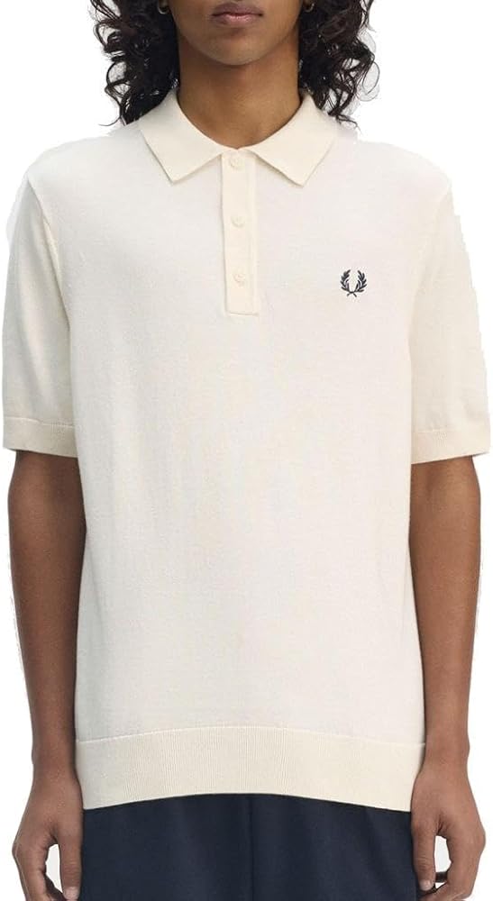 Fred Perry Cotton Knitted Polo Shirt, Ecru, Short Sleeve (CA