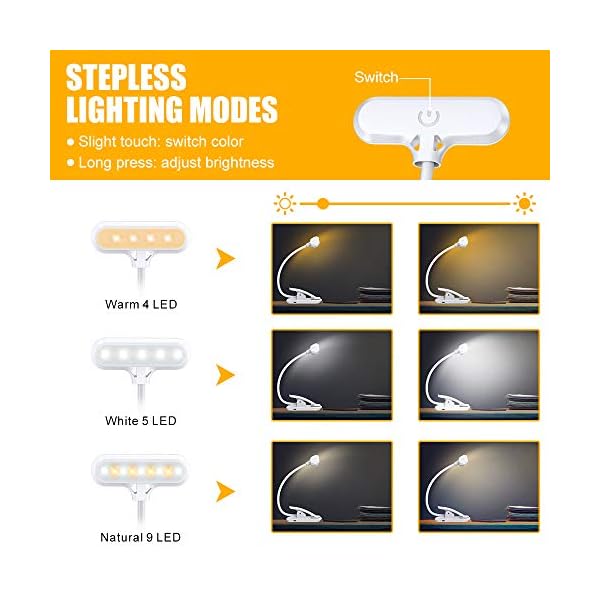 Cocoda Leselampe Buch Klemme, 9 LED Buchlampe mit 3 Farbtemperatur, USB Wiederaufladbar, Dimmbar Augenschutz Leselampe… – Bild 3