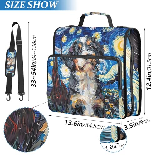 Image of 3 Ring Zipper Binder with Shoulder Strap Bernedoodle Dog Starry Night 1.5 inch Binders Keeper Large Capacity Multi Pockets for School Office Supplies