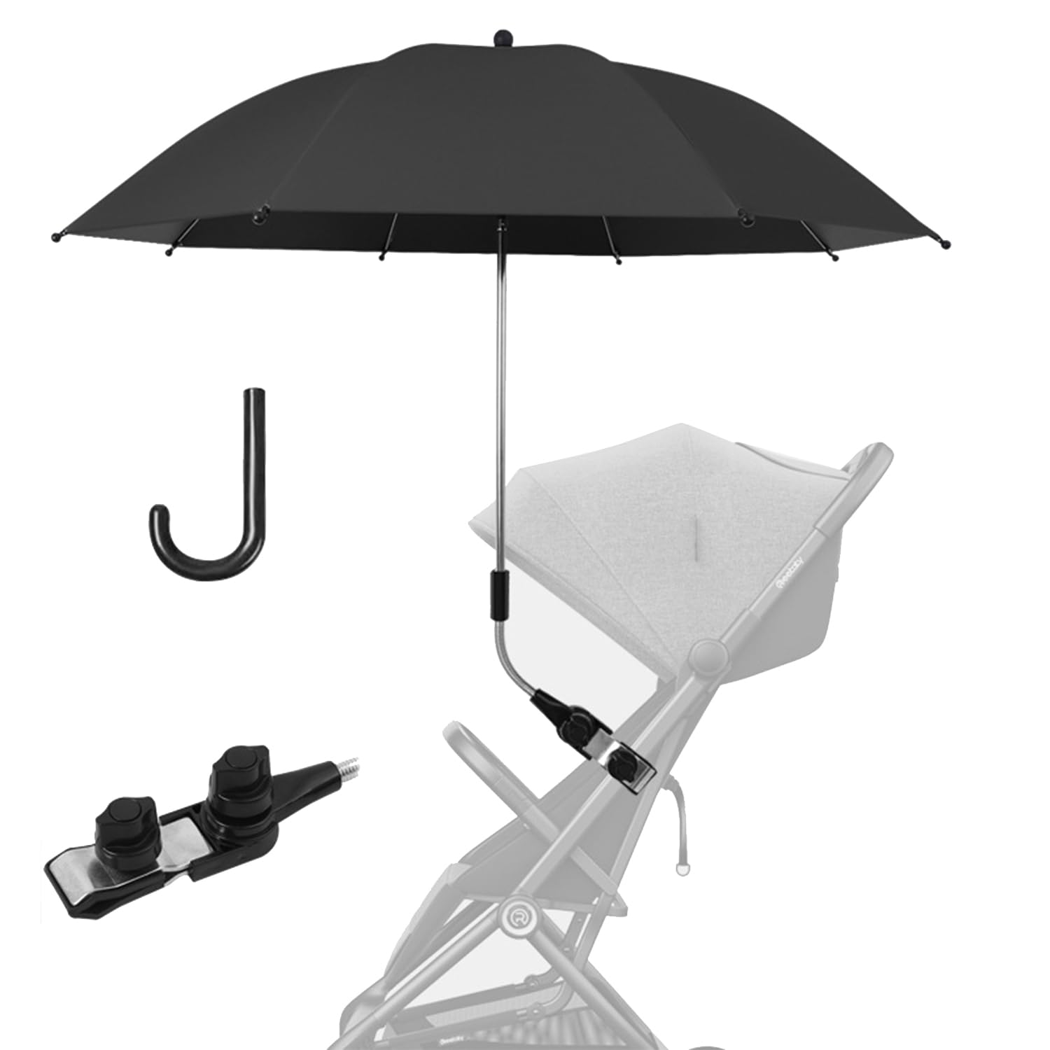 Baby Stroller Parasol, Universal Baby Pram Umbrella with with Adjustable Clamp, Pushchair Parasol with 50+ UV Protection, Pram Parasol for Infant, Waterproof Umbrella for Stroller, Buggy (Black)