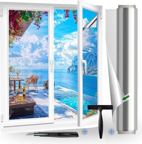 (44.5X200cm Silber) Fensterfolie Sonnenschutz Hitzeschutz innen oder außen | Rückstandslose Spiegelfolie Fenster Hitzeschutz | Selbstklebend UV Schutzfolie Fenster | Spiegelfolie| Sonnenschutzfolie