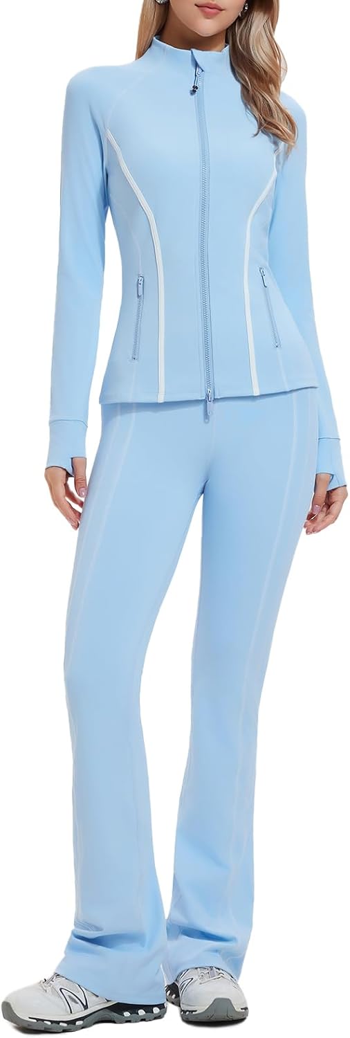 Airfree Womens Sweatsuits 2 Piece Set Tracksuit Full Zip Up Jacket and Contrast Striped Bell Bottom Pants Outfits Lounge Sets