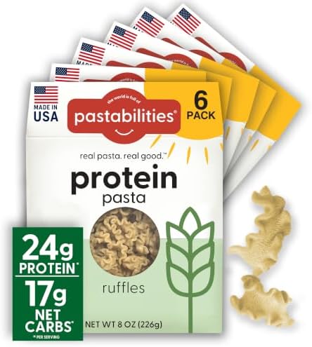 Pastabilities, Protein Pasta, Ruffles - 24g Protein & Low Carb, 17g Net Carbs - High Protein, Delicious Taste & Texture Non-GMO Plant-Based Pasta, Keto Friendly, Vegan (8 Ounce, 6 Pack)