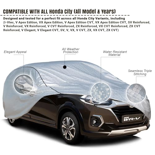 Image of Pivalo Car Cover for Honda City I-Vtec All Model & Years (2014-2020) 100% Waterproof with Mirror Pockets, Triple Stitched Bottom Elastic Dustproof Full Body Protection (Heat & UV Resistant, Silver)