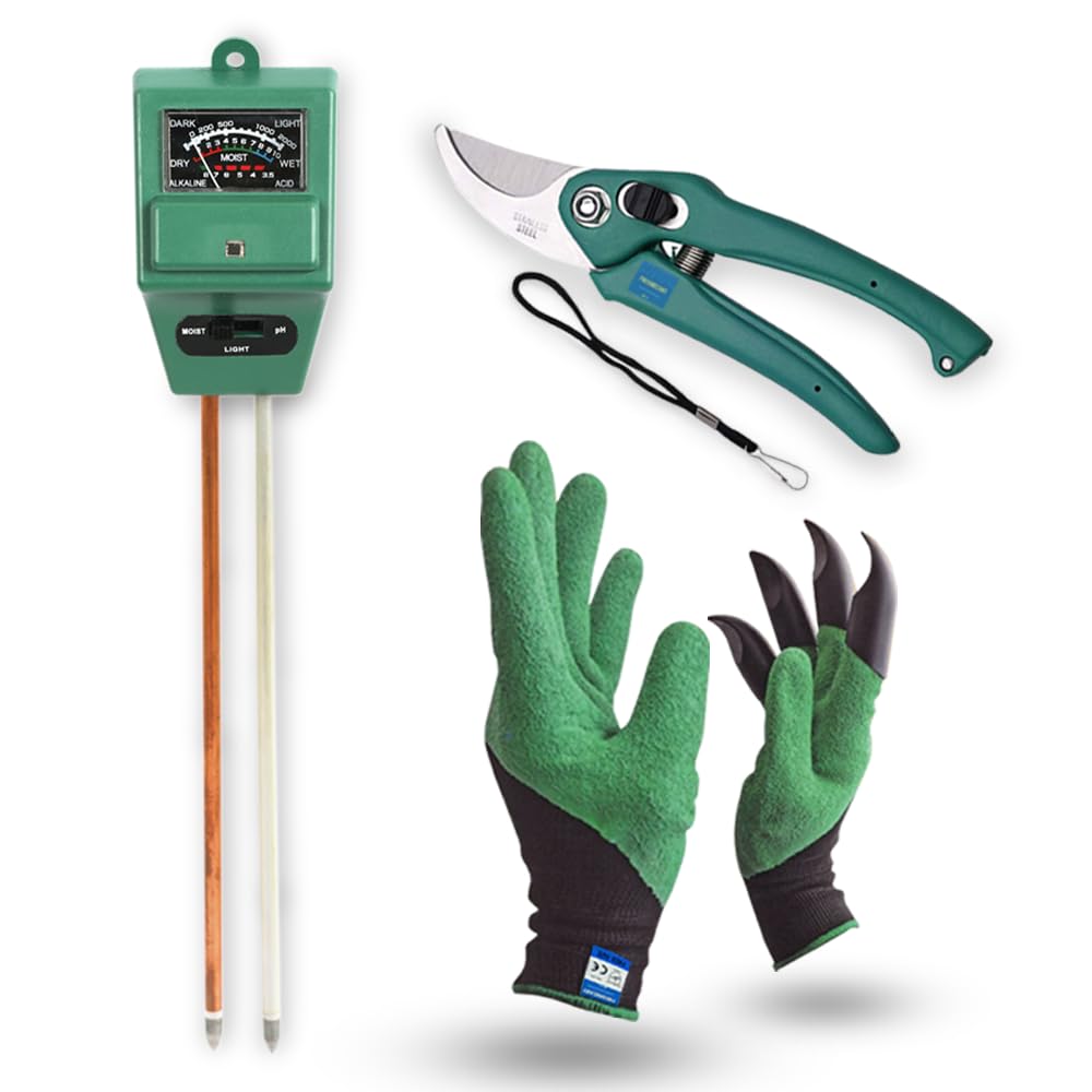 FreshDcart Soil pH Meter | 3 in 1 Soil Moisture Sensor | Agriculture & Solar Light Meter, Moisture Meter with Garden Scissor and Garden Gloves for Plants, Acidity Tester (Multicolor, Combo of 3)